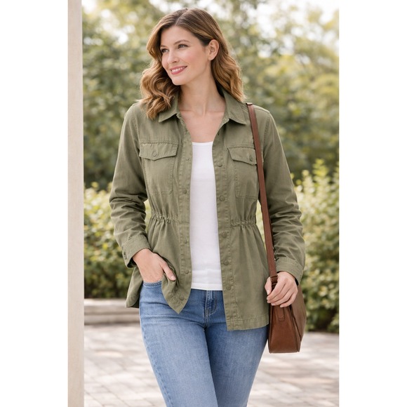Old Navy Women Olive Utility Jacket Button Front Lightweight Casual Layering - Picture 3 of 6